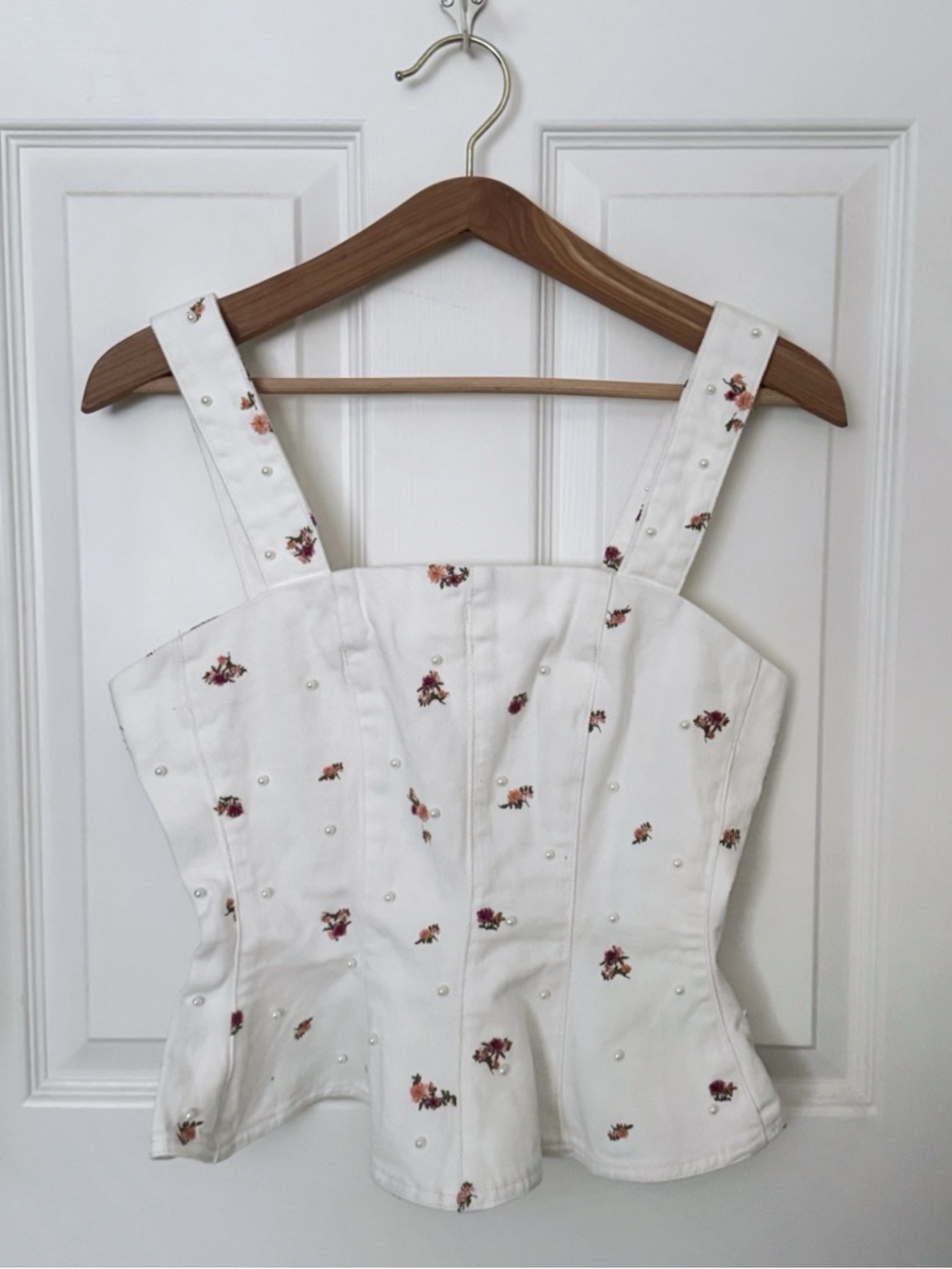 Steve Madden Fiorella Floral Embroidered Pearl Peplum Top